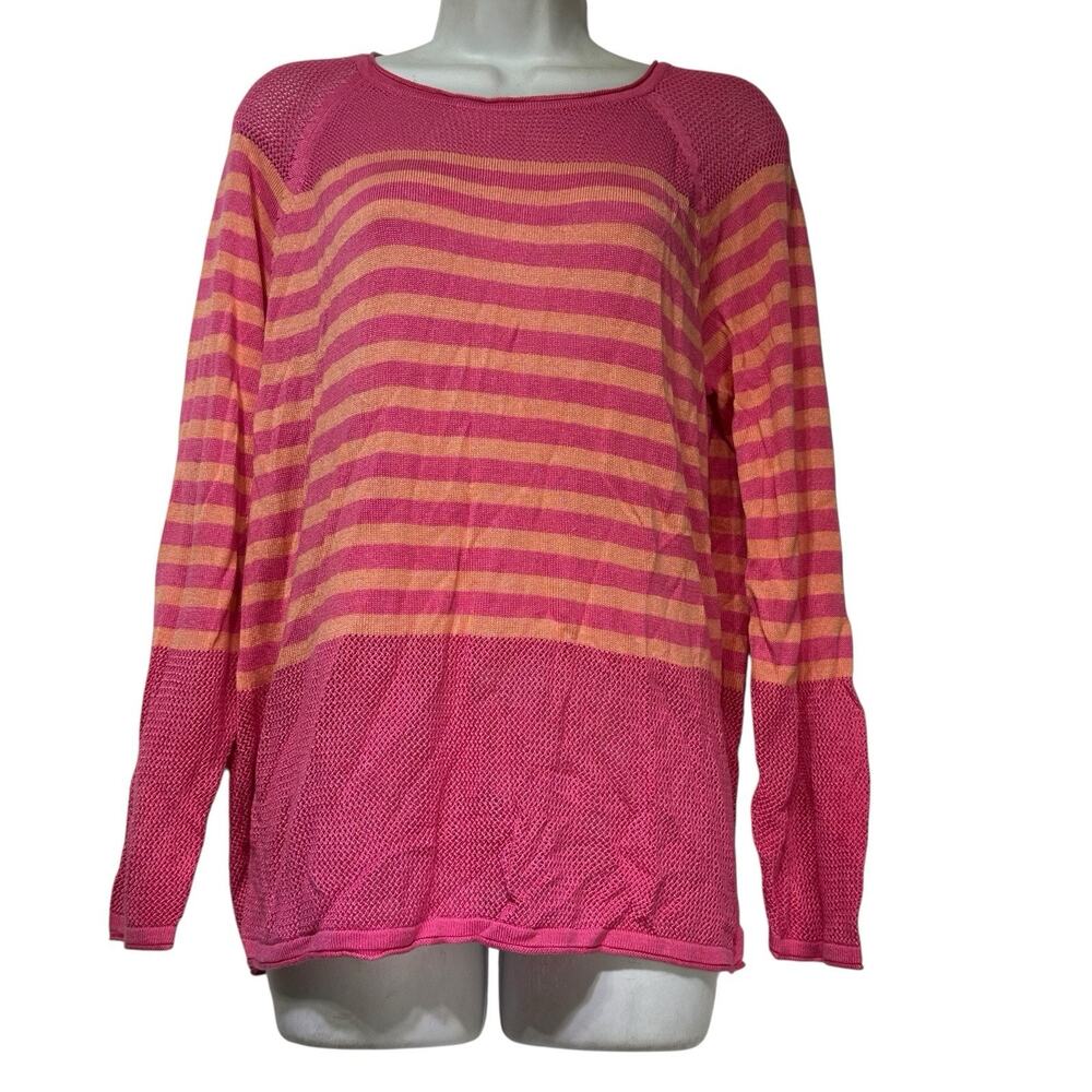 525 America Pink Orange Striped Lightweight Mesh Knit Pullover Sweater L Boho